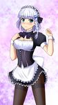  alternate_costume apron black_legwear blush bow braid breasts choker cleavage corset enmaided frills green_eyes hair_ornament hairclip highres kenken large_breasts maid maid_headdress pantyhose perky_breasts seolla_schweizer silver_hair single_braid smile solo super_robot_wars super_robot_wars_original_generation thighband_pantyhose wrist_cuffs 