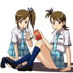  all_fours arm_support brown_eyes brown_hair eating flipped_hair food futami_ami futami_mami idolmaster idolmaster_(classic) lielos looking_at_viewer mouth_hold multiple_girls necktie plaid plaid_skirt pocky rough_time_school school_uniform short_hair siblings side_ponytail sitting skirt smile twins 