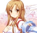  47agdragon :o armor asuna_(sao) bare_shoulders blush braid breastplate brown_eyes brown_hair detached_sleeves floral_background foreshortening half_updo hand_on_own_chest holding long_hair looking_at_viewer open_mouth rapier solo sweatdrop sword sword_art_online upper_body weapon 