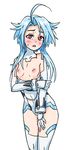 :o ahoge bare_shoulders blanc blue_hair blush bodysuit bracer breasts breasts_outside cowboy_shot detached_collar elbow_gloves embarrassed flipped_hair gloves hand_on_own_thigh holding_arm huge_ahoge kiriririn leotard leotard_pull looking_at_viewer magical_girl neptune_(series) nipples open_mouth raised_eyebrows red_eyes short_hair short_hair_with_long_locks sidelocks small_breasts solo sweatdrop thighhighs turtleneck white_gloves white_heart white_legwear 