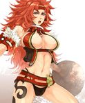  1girl black_panties breasts headband jahct large_breasts long_hair midriff navel open_mouth panties purple_eyes queen&#039;s_blade queen's_blade red_hair risty shield solo tattoo underwear very_long_hair 