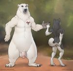  2018 adam_wan ambiguous_gender anthro balls black_fur black_nose blue_eyes butt canid canine canis claws domestic_dog duo fur hand_on_butt humanoid_penis husky larger_male male mammal multicolored_fur nude outside paws penis polar_bear size_difference smaller_ambiguous standing tattoo toe_claws two_tone_fur url ursid ursine vein white_balls white_fur 