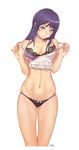  bare_shoulders bow bow_panties bra breasts collarbone groin head_tilt karanak lace lace-trimmed_bra large_breasts long_hair looking_at_viewer navel no_pants off_shoulder open_mouth original panties purple_bra purple_eyes purple_hair shiny shiny_skin simple_background solo underwear white_background 