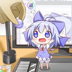  1girl ahoge arms_up bloomers blue_dress blue_eyes blue_hair blush blush_stickers bow candy chibi cirno desk dress fang food hair_bow highres makuran monitor open_mouth painttool_sai puffy_sleeves shirt short_hair short_sleeves smile solo_focus tablet touhou underwear wings |_| 