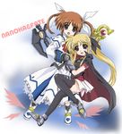  armor bad_id bad_pixiv_id bardiche belt blonde_hair blush brown_hair cape character_name cornpotage03 dress fate_testarossa fingerless_gloves gloves hair_ribbon holding_hands lowres lyrical_nanoha mahou_shoujo_lyrical_nanoha mahou_shoujo_lyrical_nanoha_a's multiple_girls open_mouth puffy_sleeves purple_eyes raising_heart red_eyes ribbon short_twintails skirt smile takamachi_nanoha thighhighs twintails wings 