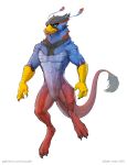  2018 adam_wan anthro avian beak black_fur blue_eyes blue_fur claws dragon feathers featureless_crotch fur gryphon hi_res humanoid_hands hybrid male multicolored_fur muscular muscular_male nude red_fur red_skin scales scalie simple_background solo toe_claws url white_background 