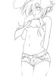  alternate_hairstyle animal_ears bare_shoulders breasts bunny_ears denim denim_shorts greyscale haruyonoto lineart medium_breasts monochrome navel necktie open_mouth panties reisen_udongein_inaba shorts simple_background solo touhou underboob underwear unzipped 