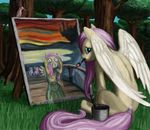  avian bird blush canvas equine female feral fluttershy_(mlp) forest friendship_is_magic horse looking_at_viewer mammal my_little_pony outside paint paintbrush painting pegasus pony solo tree wings wood 