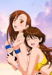  :d ^_^ armband bangs bikini black_bikini blush boku_no_futatsu_no_tsubasa bracelet breast_grab breasts brown_hair clenched_hands closed_eyes cloud cloudy_sky day eyebrows_visible_through_hair from_side grabbing hair_between_eyes halter_top halterneck hands_up highres hug hug_from_behind ichimaru_hiromi jewelry kashiwagi_makoto large_breasts leaning_forward long_hair looking_at_viewer looking_back looking_to_the_side multiple_girls o-ring o-ring_bikini o-ring_bottom o-ring_top official_art open_mouth orange_eyes outdoors short_hair sideboob sketch sky small_breasts smile sports_bikini standing strap_gap striped surprised swimsuit underboob upper_body upper_teeth very_long_hair wide-eyed wristband yellow_bikini yui_toshiki yuri 