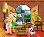  a8702131 angel_(mlp) apron blush book cutie_mark duster english_text equine female feral fluttershy_(mlp) friendship_is_magic hair horse inside male mammal my_little_pony pegasus phonograph pink_hair pony sofa text wing_boner wings 