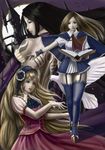  3girls ascot back bat black_hair blonde_hair blue_eyes book brown_hair castle castlevania castlevania:_harmony_of_despair castlevania:_order_of_ecclesia castlevania:_rondo_of_blood charlotte_aulin control5 dress full_moon garter_belt garterbelt highres long_hair maria_renard moon multiple_girls shanoa tattoo thighhighs 