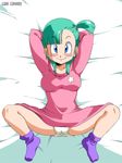  blue_eyes blush breasts bulma dragon_ball dress green_hair looking_at_viewer old_school_academy panties short_hair smile socks solo spread_legs underwear 