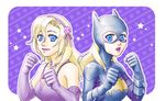  1girl astraea_f back-to-back back_to_back batgirl batman_(series) blonde_hair blue_eyes clenched_hand dc_comics dress dual_persona female fist gloves multiple_persona pixiv_thumbnail resized stephanie_brown superhero 