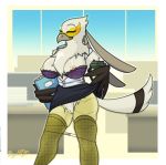  aggressive_retsuko anthro avian beak bird bra breasts clothed clothing eyes_closed female inside nipples non-mammal_breasts panties panties_down pussy sanrio secretary_bird solo standing underwear washimi wingedwilly 