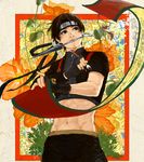  1boy black_hair fingerless_gloves forehead_protector gloves kunai luke_uehara male male_focus naruto naruto_shippuuden paintbrush sai scroll short_hair solo weapon 