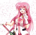  ;d azumaya_hironaru bad_id bad_pixiv_id breasts flower gloves hair_flower hair_ornament kyrie_florian large_breasts long_hair lyrical_nanoha mahou_shoujo_lyrical_nanoha mahou_shoujo_lyrical_nanoha_a's mahou_shoujo_lyrical_nanoha_a's_portable:_the_gears_of_destiny one_eye_closed open_mouth petals pink_hair purple_eyes smile solo sword weapon 