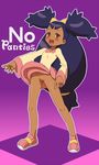  1girl black_hair blush dark_hair dark_skin dress iris_(pokemon) long_hair majin_(artist) majin_(marcia) no_panties orange_eyes pokemon pokemon_(game) pokemon_bw purple_hair pussy shoes smile sneakers uncensored 