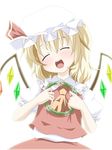  ascot bad_id bad_pixiv_id blonde_hair blush closed_eyes crystal flandre_scarlet hat hat_ribbon highres hujikok open_mouth puffy_sleeves ribbon short_hair short_sleeves side_ponytail solo touhou white_background wings 