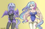  anthro anthrofied big_breasts blue_hair blush breasts cleavage clothed clothing cutie_mark english_text equine female friendship_is_magic hair horn horse human humanized legwear looking_at_viewer mammal multi-colored_hair my_little_pony one-piece_swimsuit plain_background pony princess_celestia_(mlp) princess_luna_(mlp) pulling shepherd0821 stockings swimsuit text winged_unicorn wings 