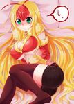  1girl ahoge blaziken blonde_hair blush breasts cleavage green_eyes large_breasts midriff mogura_(susutake) multicolored_hair personification pokemon red_hair shorts solo thighhighs two-tone_hair 