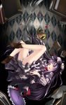  blush book bow crescent falling hat highres long_hair looking_at_viewer open_mouth patchouli_knowledge pillow purple_eyes purple_hair satou_samu solo teapot touhou 