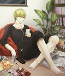  barefoot blonde_hair casual digital_media_player earbuds earphones earrings fate/zero fate_(series) food gilgamesh handheld_game_console happy_turn jewelry kosho male_focus plant playstation_portable pocky potted_plant red_eyes solo 