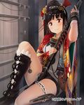  bad_id bad_pixiv_id bangs between_legs black_hair boots ddal flower garters gun hair_flower hair_ornament handgun looking_at_viewer musket pistol red_eyes saiga_magoichi shorts sitting smile solo souken_no_cross_age weapon wrist_cuffs 