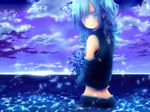  blue blue_eyes blue_hair clouds flowers jpeg_artifacts konno_kengo long_hair petals water wet 