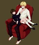  bad_id bad_pixiv_id barefoot blonde_hair blood brown_eyes brown_hair chair child easy_chair epwlzhsy fate/zero fate_(series) gilgamesh kotomine_kirei male_focus multiple_boys red_eyes shorts time_paradox younger 