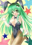  animal_ears bad_id bad_pixiv_id bow bowtie breasts bunny_ears bunny_tail bunnysuit cleavage detached_collar frog_hair_ornament green_eyes green_hair hair_ornament hair_tubes kochiya_sanae large_breasts long_hair pantyhose sample solo tail taki_(vavvova) touhou traditional_media wrist_cuffs 