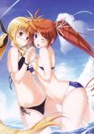  bikini blonde_hair blue_eyes blush bracelet brown_hair fate_testarossa hair_ribbon highres holding_hands jewelry long_hair lyrical_nanoha mahou_shoujo_lyrical_nanoha mikuni_mizuki multiple_girls non-web_source one_eye_closed open_mouth red_eyes ribbon scan summer swimsuit takamachi_nanoha yuri 