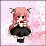  :d bad_id bad_pixiv_id bat_wings black_dress book book_stack carrying chibi cocozasa dress frame head_wings holding holding_book juliet_sleeves koakuma long_hair long_sleeves open_mouth puffy_sleeves red_eyes red_hair shirt smile solo touhou wings 