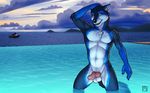  abs animal_genitalia anthro backdraft balls biceps big_muscles blue_eyes blue_fur blue_theme boat canine canine_penis chest_tuft cloud erection fur knot looking_at_viewer male mammal muscles nude pecs penis pose sea sheath sky solo standing swimming tsaiwolf tuft water wet wolf 