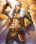  abs arm_up axe banned_artist battle_axe belt bird blue_eyes fingerless_gloves gauntlets gloves holding male_focus muscle original scar smile solo weapon white_hair yinan_cui 
