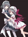  apron bad_id bad_pixiv_id bat_wings blue_eyes bow braid cierra_(ra-bit) fang hat hat_bow hug izayoi_sakuya knife maid maid_headdress multiple_girls open_mouth puffy_sleeves red_eyes remilia_scarlet short_hair short_sleeves silver_hair thigh_strap touhou twin_braids weapon wings wrist_cuffs 