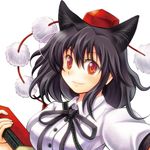  animal_ears black_hair blush book cat_ears closed_mouth face hat kemonomimi_mode looking_at_viewer lowres orange_eyes puffy_sleeves qontamblue shameimaru_aya short_hair short_sleeves smile solo tokin_hat touhou white_background 