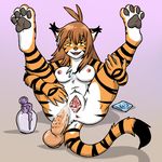  aggrobadger breasts dildo feline female flora_(twokinds) fluid nipples on_front pussy sex_toy spread_pussy spreading tiger twokinds 