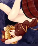  adapted_costume armpits arms_behind_head arms_up bare_legs blonde_hair bow breasts brown_dress bucket dress hair_bow highres kurodani_yamame medium_breasts open_mouth red_eyes short_hair shounen_(hogehoge) solo touhou upside-down 