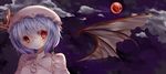  bad_id bad_pixiv_id bat_wings blue_hair blush cloud full_moon hat hat_ribbon highres mob_cap moon night petals red_eyes red_moon remilia_scarlet ribbon short_hair single_wing sky smile solo tepes touhou wings 