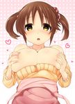  bad_id bad_pixiv_id bare_shoulders blush breasts brown_eyes brown_hair clothes_pull grabbing heart heart-shaped_pupils highres idolmaster idolmaster_cinderella_girls large_breasts long_sleeves nekoume nipple_slip nipples open_mouth short_hair sleeves_pushed_up solo sweater sweater_pull symbol-shaped_pupils totoki_airi twintails undressing 