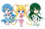  3girls blonde_hair blue_eyes blue_hair chibi dress earrings green_eyes green_hair hair_ornament houshou_hanon idol jewelry long_hair mermaid_melody_pichi_pichi_pitch microphone multiple_girls nanami_lucia no_nose star star_earrings star_hair_ornament touin_rina twintails 