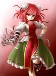  bandages chain chinese_clothes cuffs double_bun false_limb flower highres ibaraki_kasen mazume puffy_sleeves red_eyes red_hair rose shackles short_hair short_sleeves smile smoke solo touhou 