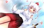  :d animal_ears autumn_leaves bare_shoulders detached_sleeves fang from_below hat inubashiri_momiji kane-neko looking_at_viewer open_mouth red_eyes skirt smile solo sword tokin_hat touhou weapon white_hair wolf_ears 