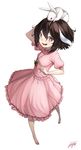  animal animal_ears animal_on_head bad_id bad_pixiv_id barefoot black_hair blush bunny bunny_ears bunny_on_head dress from_above inaba_tewi kyon_(fuuran) on_head open_mouth perspective red_eyes short_hair smile solo touhou 