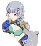 armor blue_eyes braid breasts cleavage cleavage_cutout gloves hair_ornament hairclip large_breasts pointing pointing_at_viewer ribonzu seolla_schweizer shoulder_pads silver_hair solo super_robot_wars super_robot_wars_original_generation 