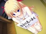  bare_shoulders blonde_hair blue_eyes blush christiane_friedrich hair_ribbon hair_ribbons humiliation interior jewelry kawagishi_keitarou kneeling maji_de_watashi_ni_koi_shinasai! necklace punishment ribbon sad sign translated twintails watch 