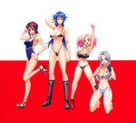 absurdres arm_up armpits bangs bare_shoulders barefoot bikini blue_hair boots breasts brown_eyes brown_hair cleavage clenched_hand expressionless eyebrows_visible_through_hair front-tie_top full_body glasses gloves gradient_hair hand_on_hip high_heels highleg highleg_bikini highres hitsugi_sayo jewelry kiba_mikoto knee_boots kneeling large_breasts leg_up long_hair medium_breasts multicolored_hair multiple_girls nashida_oriha navel necklace one-piece_swimsuit open_mouth pendant purple_eyes satou_shouji scan shiny shiny_skin side-tie_bikini silver_hair simple_background smile sunglasses swimsuit tankini triage_x tsurugi_miki 