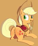  anus applejack_(mlp) bit bit_gag blonde_hair cowboy_hat cutie_mark equine female feral freckles friendship_is_magic gag green_eyes hair hat horse looking_at_viewer mammal miketheuser my_little_pony plain_background pony presenting pussy saddle solo 
