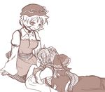  aki_minoriko blush bow detached_sleeves hair_bow hair_tubes hakurei_reimu hat lap_pillow long_hair lying monochrome multiple_girls mutsuki_(tsugaidanuki) on_stomach petting short_hair simple_background smile touhou white_background yuri 