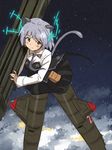  animal_ears blush cloud green_eyes hirschgeweih_antennas military military_uniform necktie night rocket_launcher sanya_v_litvyak shibasaki_shouji short_hair silver_hair skirt solo star_(sky) strike_witches striker_unit tail uniform weapon world_witches_series 